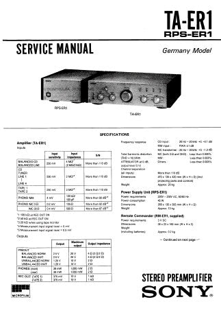 SONY TA-ER1 STEREO PREAMPLIFIER SERVICE MANUAL INC BLK DIAGS PCBS SCHEM DIAGS AND PARTS LIST 60 PAGES ENG