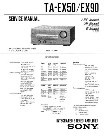 SONY TA-EX50 TA-EX90 INTEGRATED STEREO AMPLIFIER SERVICE MANUAL INC PCBS SCHEM DIAG AND PARTS LIST 18 PAGES ENG