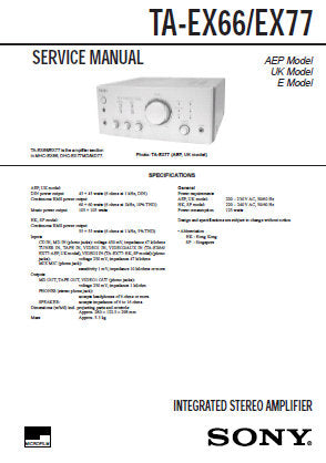 SONY TA-EX66 TA-EX77 INTEGRATED STEREO AMPLIFIER SERVICE MANUAL INC PCBS SCHEM DIAG AND PARTS LIST 24 PAGES ENG