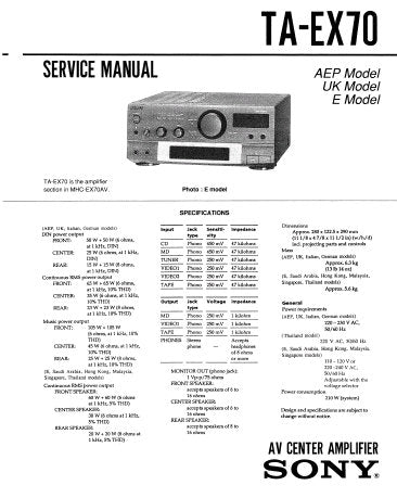 SONY TA-EX70 AV CENTER AMPLIFIER SERVICE MANUAL INC PCBS SCHEM DIAGS AND PARTS LIST 25 PAGES ENG