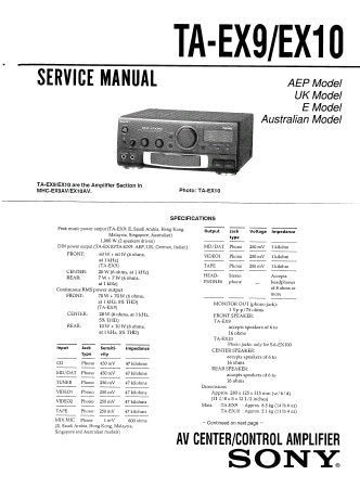 SONY TA-EX9 TA-EX10 AV CENTER CONTROL AMPLIFIER SERVICE MANUAL INC BLK DIAG PCBS SCHEM DIAGS AND PARTS LIST 26 PAGES ENG