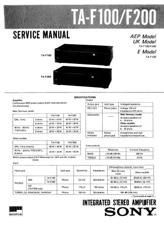 SONY TA-F100 TA-F200 INTEGRATED STEREO AMPLIFIER SERVICE MANUAL INC PCBS SCHEM DIAG AND PARTS LIST 16 PAGES ENG