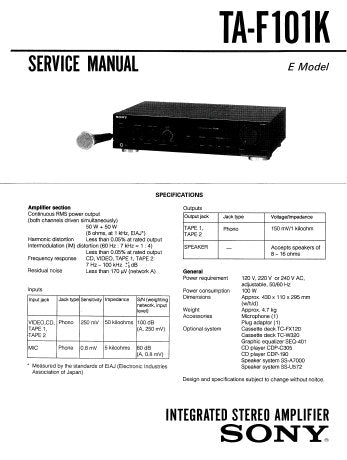 SONY TA-F101K INTEGRATED STEREO AMPLIFIER SERVICE MANUAL INC CONN DIAGS BLK DIAG PCBS SCHEM DIAG AND PARTS LIST 21 PAGES ENG