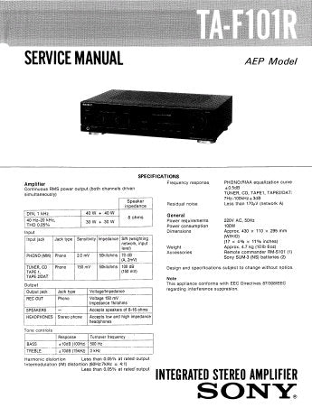 SONY TA-F101R INTEGRATED STEREO AMPLIFIER SERVICE MANUAL INC CONN DIAGS PCBS SCHEM DIAG AND PARTS LIST 14 PAGES ENG