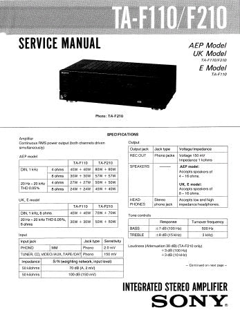 SONY TA-F110 TA-F210 INTEGRATED STEREO AMPLIFIER SERVICE MANUAL INC BLK DIAG PCBS SCHEM DIAG AND PARTS LIST 15 PAGES ENG