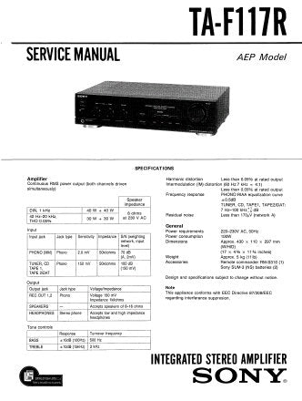 SONY TA-F117R INTEGRATED STEREO AMPLIFIER SERVICE MANUAL INC CONN DIAG PCBS SCHEM DIAG AND PARTS LIST 19 PAGES ENG