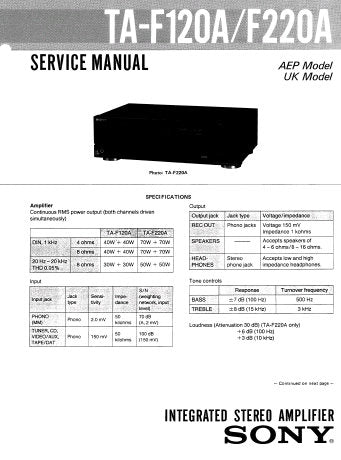 SONY TA-F120A TA-F220A INTEGRATED STEREO AMPLIFIER SERVICE MANUAL INC CONN DIAGS BLK DIAG PCBS SCHEM DIAG AND PARTS LIST 13 PAGES ENG