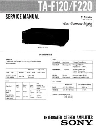 SONY TA-F120 TA-F220 INTEGRATED STEREO AMPLIFIER SERVICE MANUAL INC BLK DIAG PCBS SCHEM DIAG AND PARTS LIST 12 PAGES ENG