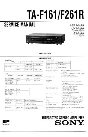 SONY TA-F161 TA-F261R INTEGRATED STEREO AMPLIFIER SERVICE MANUAL INC PCBS SCHEM DIAG AND PARTS LIST 18 PAGES ENG