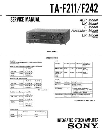 SONY TA-F211 TA-F242 INTEGRATED STEREO AMPLIFIER SERVICE MANUAL INC BLK DIAG PCBS SCHEM DIAG AND PARTS LIST 18 PAGES ENG