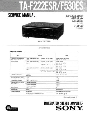 SONY TA-F222ESR TA-F530ES INTEGRATED STEREO AMPLIFIER SERVICE MANUAL INC PCBS SCHEM DIAGS AND PARTS LIST 25 PAGES ENG