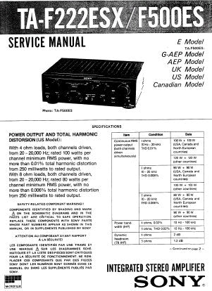 SONY TA-F222ESX TA-F500ES INTEGRATED STEREO AMPLIFIER SERVICE MANUAL INC PCBS SCHEM DIAGS AND PARTS LIST 22 PAGES ENG