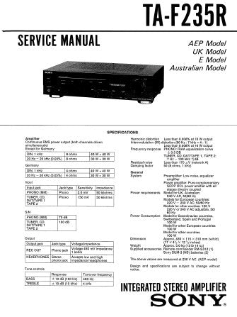 SONY TA-F235R TA-F245R INTEGRATED STEREO AMPLIFIER SERVICE MANUAL INC BLK DIAG PCBS SCHEM DIAGS AND PARTS LIST 21 PAGES ENG