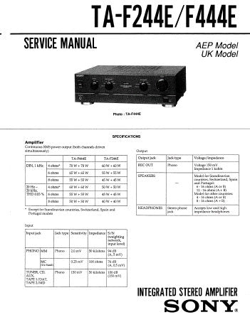 SONY TA-F244E TA-F444E INTEGRATED STEREO AMPLIFIER SERVICE MANUAL INC BLK DIAG PCBS SCHEM DIAG AND PARTS LIST 17 PAGES ENG