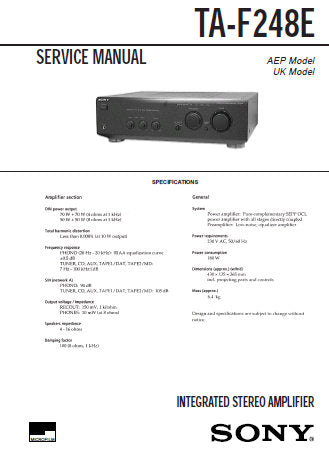 SONY TA-F248E INTEGRATED STEREO AMPLIFIER SERVICE MANUAL INC SCHEM DIAGS AND PARTS LIST 13 PAGES ENG