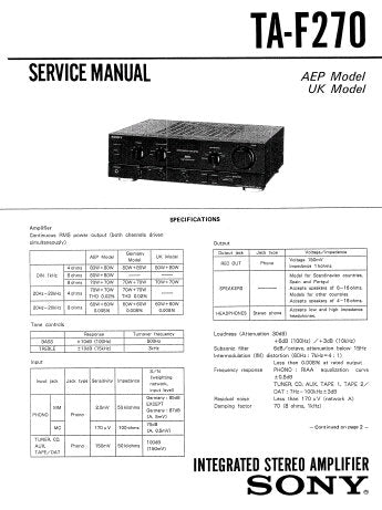 SONY TA-F270 INTEGRATED STEREO AMPLIFIER SERVICE MANUAL INC CONN DIAG PCBS SCHEM DIAG AND PARTS LIST 16 PAGES ENG