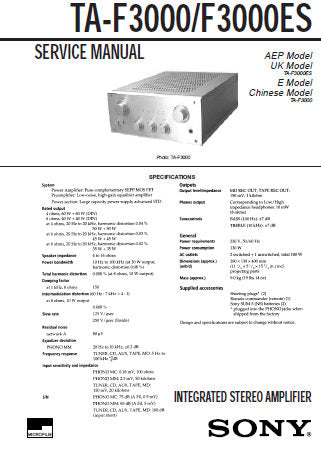 SONY TA-F3000 TA-F3000ES INTEGRATED STEREO AMPLIFIER SERVICE MANUAL INC PCBS SCHEM DIAGS AND PARTS LIST 16 PAGES ENG