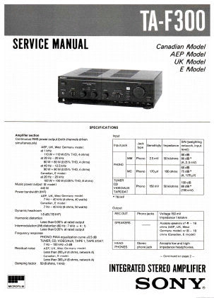 SONY TA-F300 INTEGRATED STEREO AMPLIFIER SERVICE MANUAL INC CONN DIAG PCBS SCHEM DIAG AND PARTS LIST 15 PAGES ENG