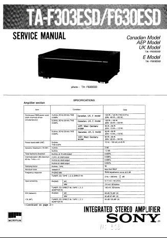 SONY TA-F303ESD TA-F630ESD INTEGRATED STEREO AMPLIFIER SERVICE MANUAL INC PCBS SCHEM DIAGS AND PARTS LIST 23 PAGES ENG