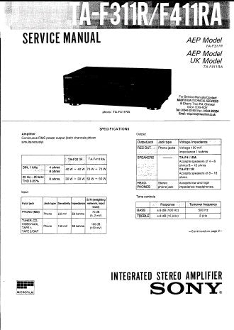 SONY TA-F311R TA-F411RA INTEGRATED STEREO AMPLIFIER SERVICE MANUAL INC CONN DIAG BLK DIAG PCBS SCHEM DIAG AND PARTS LIST 30 PAGES ENG
