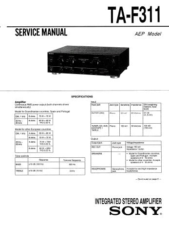 SONY TA-F311 INTEGRATED STEREO AMPLIFIER SERVICE MANUAL INC PCBS SCHEM DIAG AND PARTS LIST 16 PAGES ENG