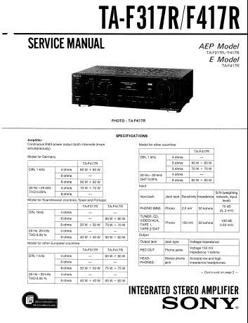 SONY TA-F317R TA-F417R INTEGRATED STEREO AMPLIFIER SERVICE MANUAL INC BLK DIAG PCBS SCHEM DIAGS AND PARTS LIST 26 PAGES ENG