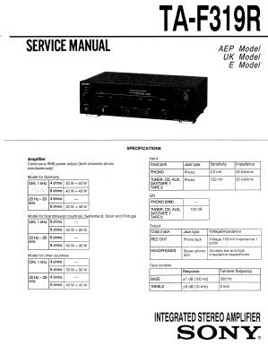 SONY TA-F319R INTEGRATED STEREO AMPLIFIER SERVICE MANUAL INC BLK DIAG PCBS SCHEM DIAG AND PARTS LIST 20 PAGES ENG