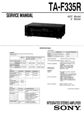 SONY TA-F335R INTEGRATED STEREO AMPLIFIER SERVICE MANUAL INC BLK DIAG PCBS SCHEM DIAG AND PARTS LIST 20 PAGES ENG