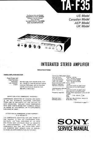 SONY TA-F35 INTEGRATED STEREO AMPLIFIER SERVICE MANUAL INC BLK DIAG PCBS SCHEM DIAG AND PARTS LIST 20 PAGES ENG