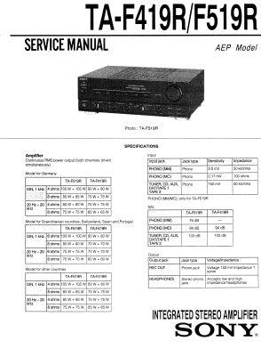 SONY TA-F419R TA-F519R INTEGRATED STEREO AMPLIFIER SERVICE MANUAL INC BLK DIAG PCBS SCHEM DIAG AND PARTS LIST 23 PAGES ENG