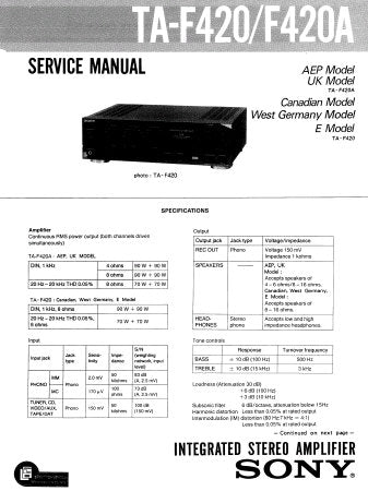SONY TA-F420 TA-F420A INTEGRATED STEREO AMPLIFIER SERVICE MANUAL INC BLK DIAG PCBS SCHEM DIAG AND PARTS LIST 18 PAGES ENG