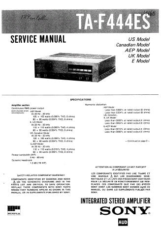 SONY TA-F444ES INTEGRATED STEREO AMPLIFIER SERVICE MANUAL INC BLK DIAG PCBS SCHEM DIAG AND PARTS LIST 24 PAGES ENG