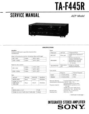 SONY TA-F445R INTEGRATED STEREO AMPLIFIER SERVICE MANUAL INC BLK DIAG PCBS SCHEM DIAG AND PARTS LIST 19 PAGES ENG