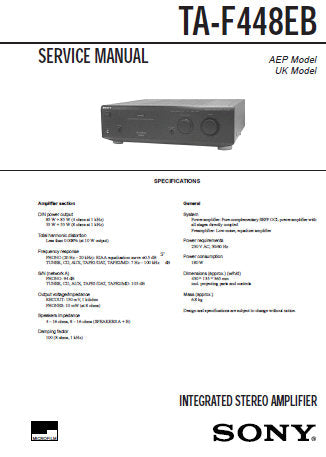 SONY TA-F448EB INTEGRATED STEREO AMPLIFIER SERVICE MANUAL INC PCBS SCHEM DIAG AND PARTS LIST 19 PAGES ENG