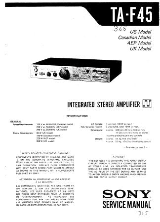 SONY TA-F45 INTEGRATED STEREO AMPLIFIER SERVICE MANUAL INC BLK DIAG PCBS SCHEM DIAG AND PARTS LIST 24 PAGES ENG