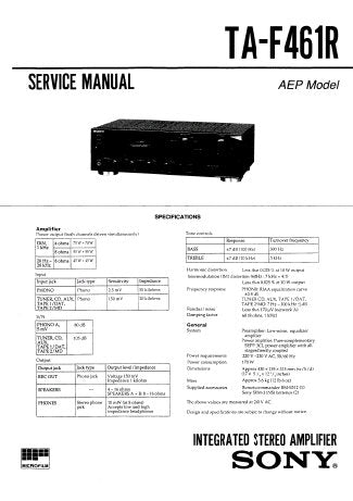 SONY TA-F461R INTEGRATED STEREO AMPLIFIER SERVICE MANUAL INC PCBS SCHEM DIAGS AND PARTS LIST 20 PAGES ENG