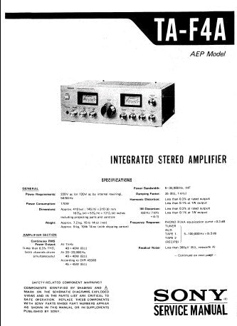 SONY TA-F4A INTEGRATED STEREO AMPLIFIER SERVICE MANUAL INC PCBS SCHEM DIAG AND PARTS LIST 17 PAGES ENG