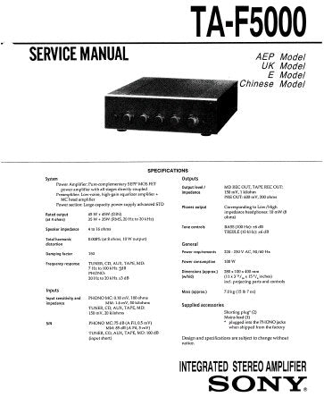 SONY TA-F5000 INTEGRATED STEREO AMPLIFIER SERVICE MANUAL INC PCBS SCHEM DIAG AND PARTS LIST 18 PAGES ENG