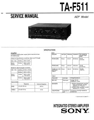 SONY TA-F511 INTEGRATED STEREO AMPLIFIER SERVICE MANUAL INC PCBS SCHEM DIAG AND PARTS LIST 17 PAGES ENG