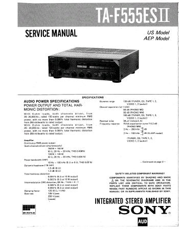 SONY TA-F555ESII INTEGRATED STEREO AMPLIFIER SERVICE MANUAL INC BLK DIAG PCBS SCHEM DIAG AND PARTS LIST 24 PAGES ENG