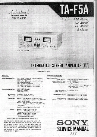 SONY TA-F5A INTEGRATED STEREO AMPLIFIER SERVICE MANUAL INC BLK DIAG AND SCHEM DIAG 19 PAGES ENG