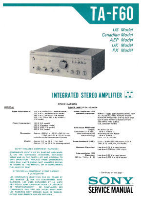SONY TA-F60 INTEGRATED STEREO AMPLIFIER SERVICE MANUAL INC BLK DIAG PCBS SCHEM DIAG AND PARTS LIST 25 PAGES ENG
