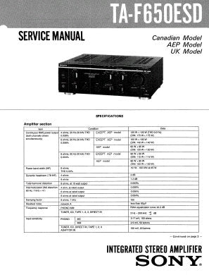 SONY TA-F650ESD INTEGRATED STEREO AMPLIFIER SERVICE MANUAL INC BLK DIAG PCBS SCHEM DIAG AND PARTS LIST 22 PAGES ENG