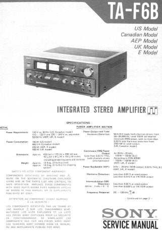 SONY TA-F6B INTEGRATED STEREO AMPLIFIER SERVICE MANUAL INC SCHEM DIAG 9 PAGES ENG