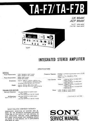 SONY TA-F7 TA-F7B INTEGRATED STEREO AMPLIFIER SERVICE MANUAL INC BLK DIAG PCBS SCHEM DIAGS AND PARTS LIST 24 PAGES ENG