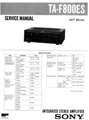 SONY TA-F800ES INTEGRATED STEREO AMPLIFIER SERVICE MANUAL INC PCBS SCHEM DIAG AND PARTS LIST 17 PAGES ENG