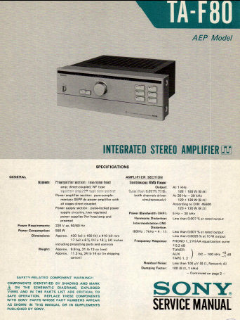 SONY TA-F80 INTEGRATED STEREO AMPLIFIER SERVICE MANUAL INC BLK DIAG PCBS SCHEM DIAG AND PARTS LIST 16 PAGES ENG