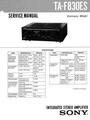SONY TA-F830ES INTEGRATED STEREO AMPLIFIER SERVICE MANUAL INC BLK DIAG PCBS SCHEM DIAG AND PARTS LIST 17 PAGES ENG