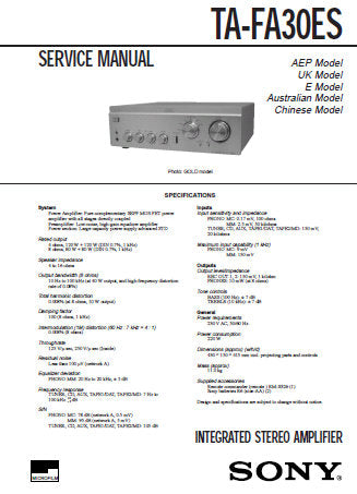 SONY TA-FA30ES INTEGRATED STEREO AMPLIFIER SERVICE MANUAL INC PCBS SCHEM DIAGS AND PARTS LIST 26 PAGES ENG