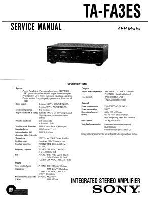 SONY TA-FA3ES INTEGRATED STEREO AMPLIFIER SERVICE MANUAL INC PCBS SCHEM DIAGS AND PARTS LIST 20 PAGES ENG